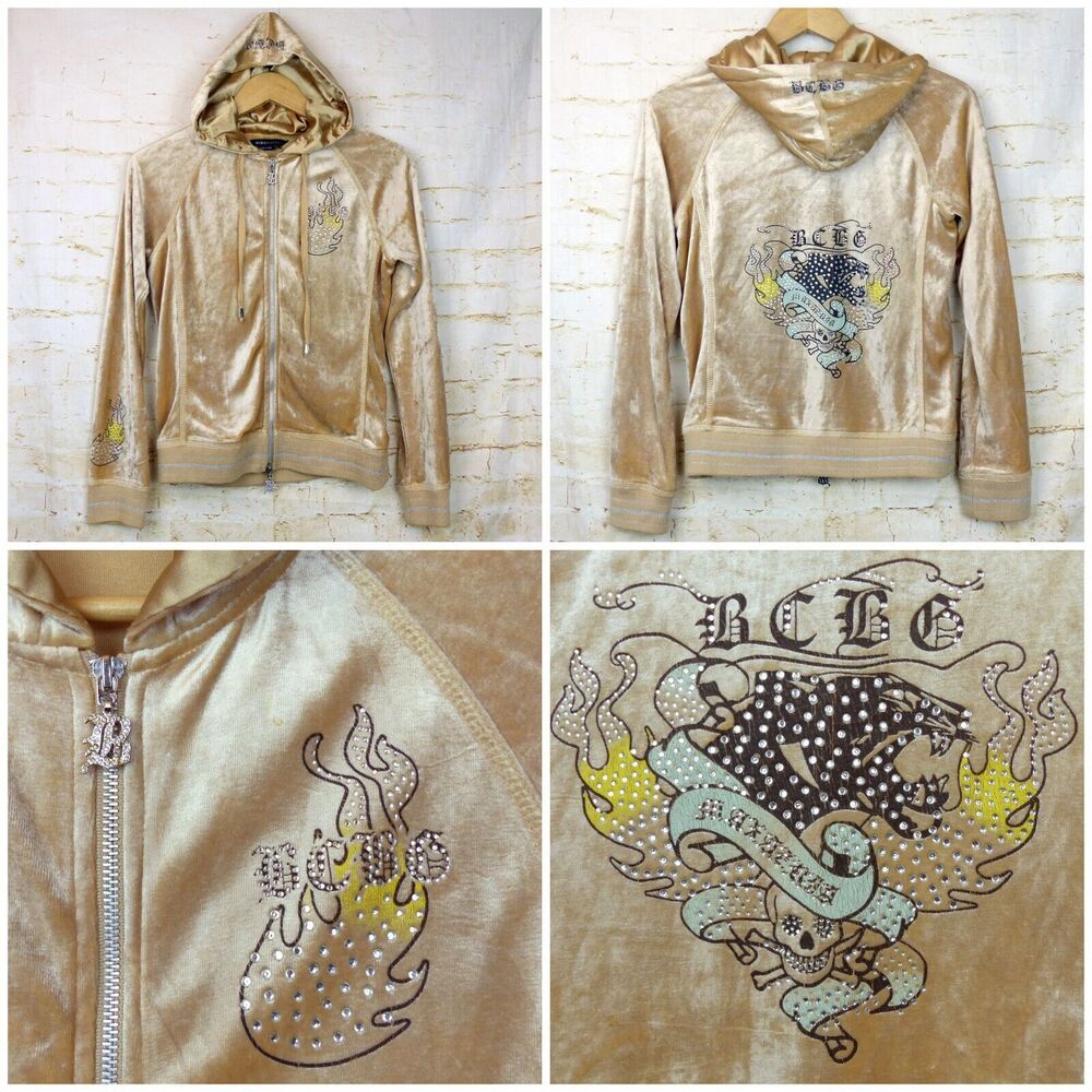 Vtg BCBGMAXAZRIA Y2K Velour Hoodie Track Jacket M Beige Rhinestone Graphic Flame